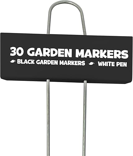 Hapinest Paquete de 30 etiquetas de metal negro para plantas con rotulador de pintura blanca