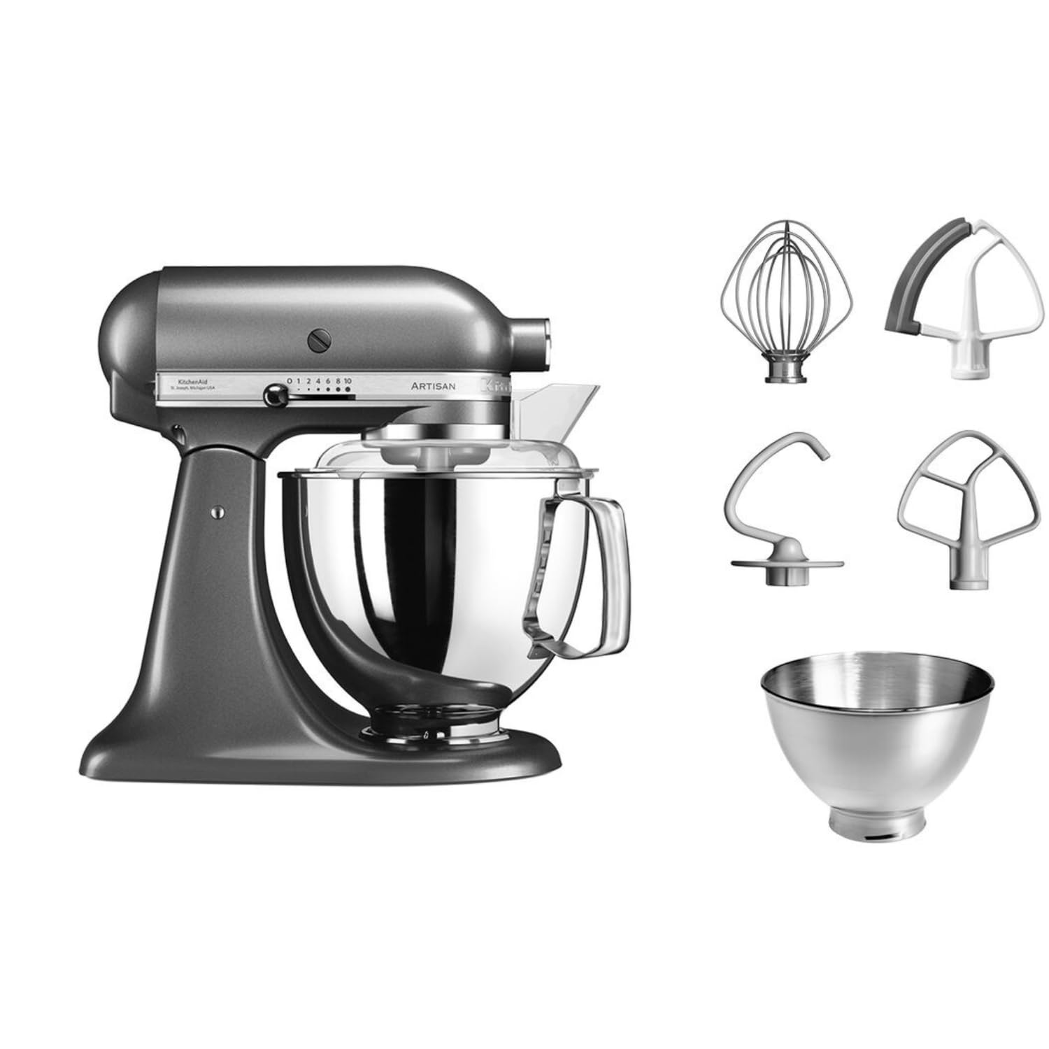 KitchenAid Robot kuchenny – Artisan – uchylny przetwarzacz spożywczy – ugniatarka do ciasta z 5 akcesoriami – 2 miski ze stali nierdzewnej – 4,8 l – srebrny medalion