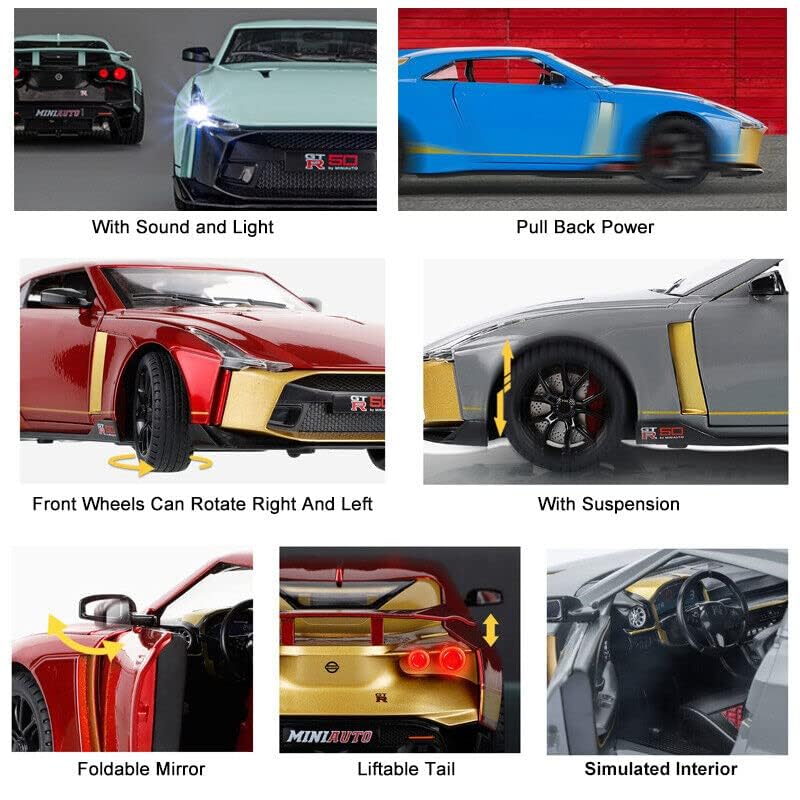 Image of 1:24 Diecast Metal Pullback Toy car with Openable Doors & Light, Music Boys Gifts Toys for Kids (Nissan GT-R50-RED