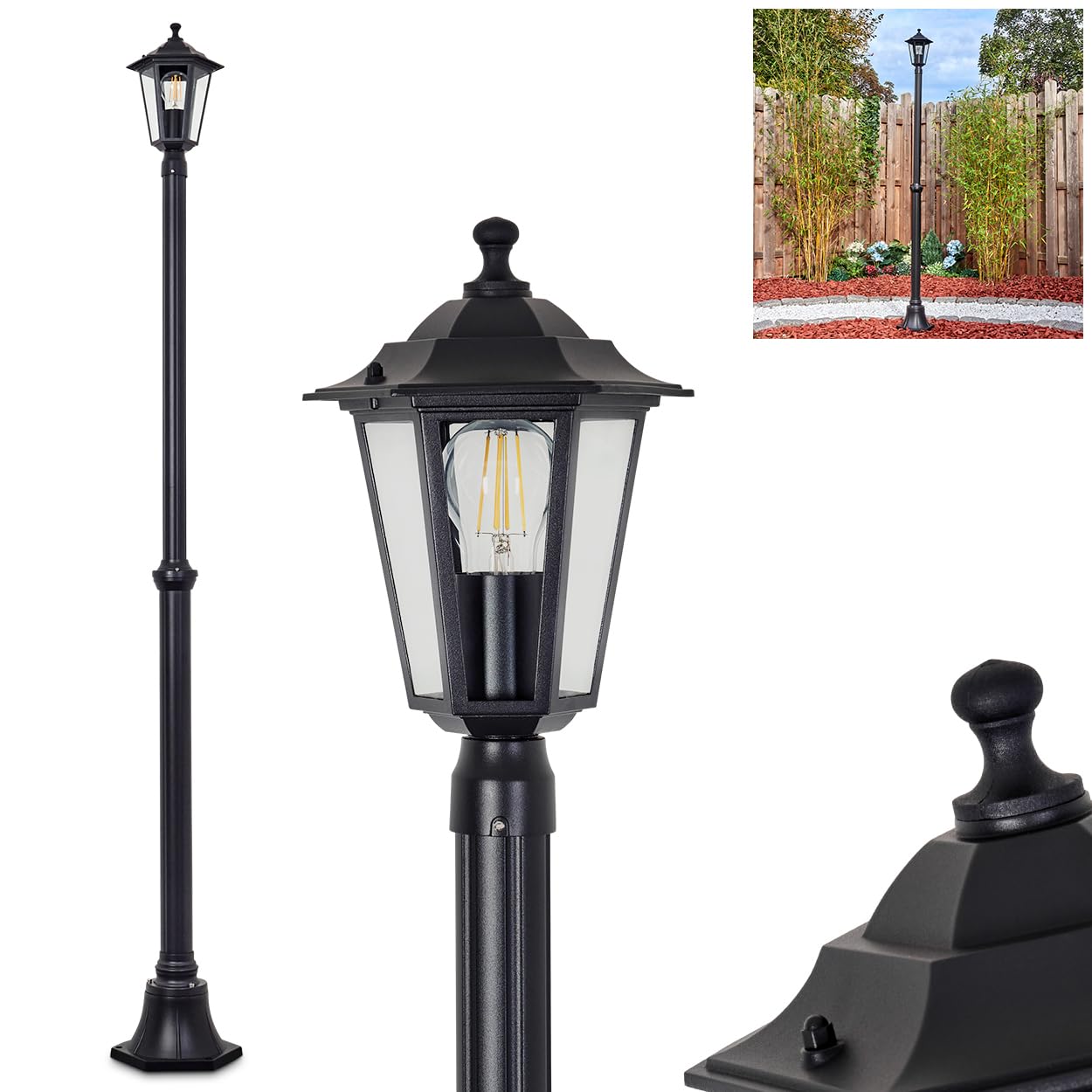 HOFSTEIN Candélabre Loria, éclairage extérieur de chemin en métal/verre noir/clair, éclairage de chemin au design vintage/antique/campagne pour jardin, extérieur, cour, hauteur 190 cm, 1 x E27, IP44