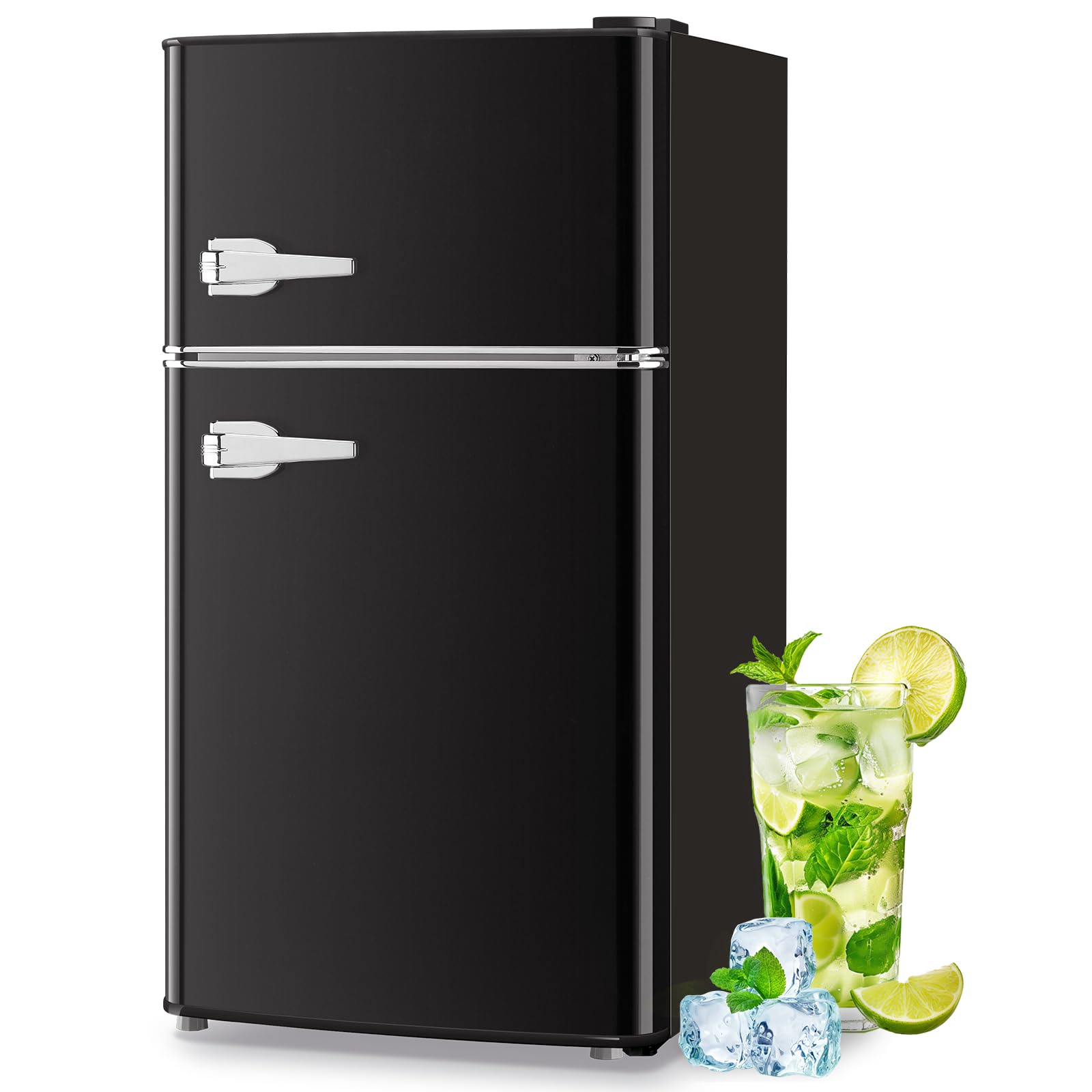 Tacool Mini Refrigerator With Freezer Small Fridge Double Door Side Drink Holder Adjustable Glass Shelves, Plastic Crisper, 7 Level Temperature Control For Bedroom, Office, Apartment Black on Fridge.com - View 1