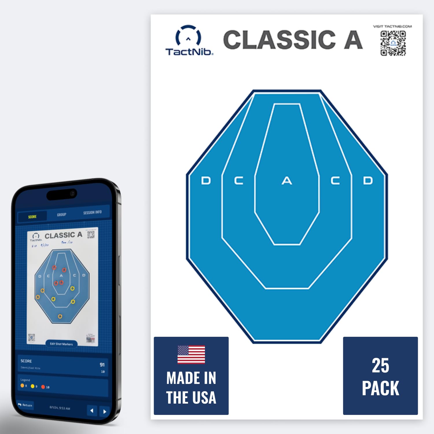 TactNib - IPSC MINI - USPSA Licensed Paper Targets - 12 x 18 Inches - Made in USA - 25 Pack - PN P01C01-025T - Free Mobile App