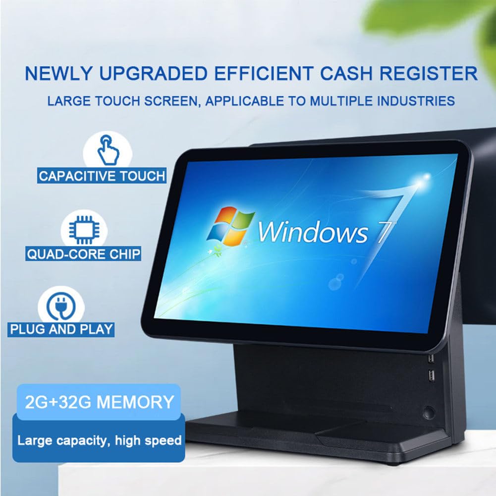 Caja Registradora Pequeña,Pantalla táctil Principal 15,6" + Pantalla Cliente HD,4GB RAM + 64GB SSD | 6 Puertos USB | WiFi,Cajas Registradoras para Comercial y Minorista,Black