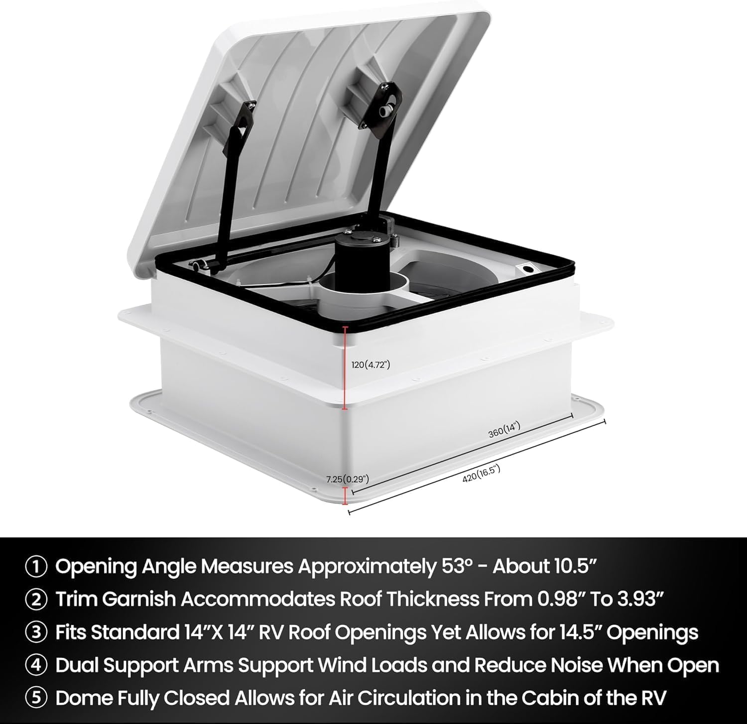 USA RV Roof Vent with Fan 12-Volt 4-Speed Reversible - 14"x14" - with LED Light Trim Shroud - Manual