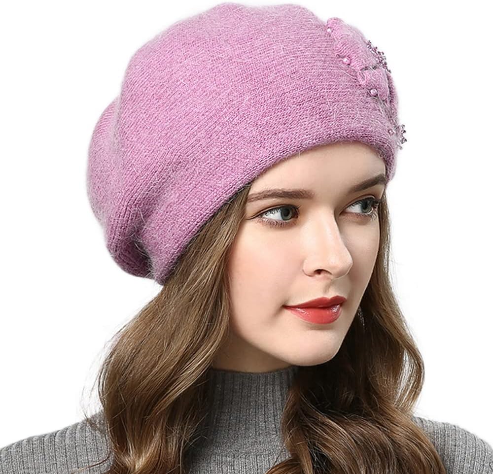 Rabbit Fur Beret Hat French Beret Cap Winter Warm Flowers Pearls Beanie Artist Painter Hat for Women Lady