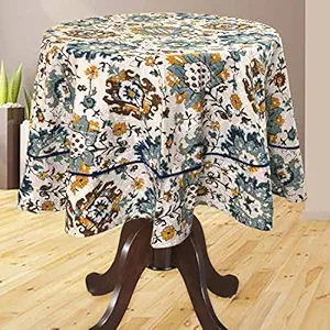 Bilberry Furnishing by Preeti Grover Cotton Classic Round Floral Ethnic Printed Rectangular Dinning Table Cover for 4-6 Seater (Multicolour , 72 Inches)