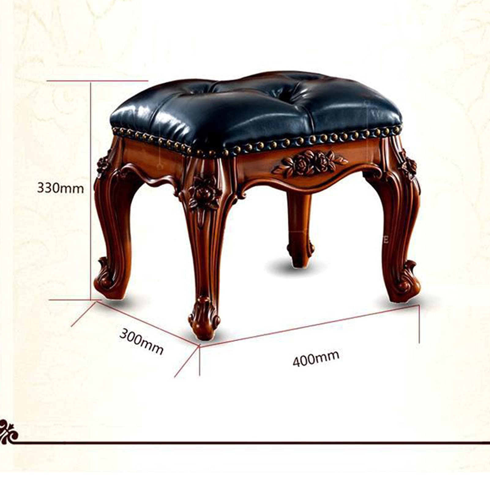 Tabouret de Table, Petit Tabouret rembourré, Pouf, Tabouret de Coiffeuse, Ottoman à Boutons, 4 Pieds sculptés, Assise rembourrée pour Table Basse - 40 x 30 x 33 cm, Tabouret de déc