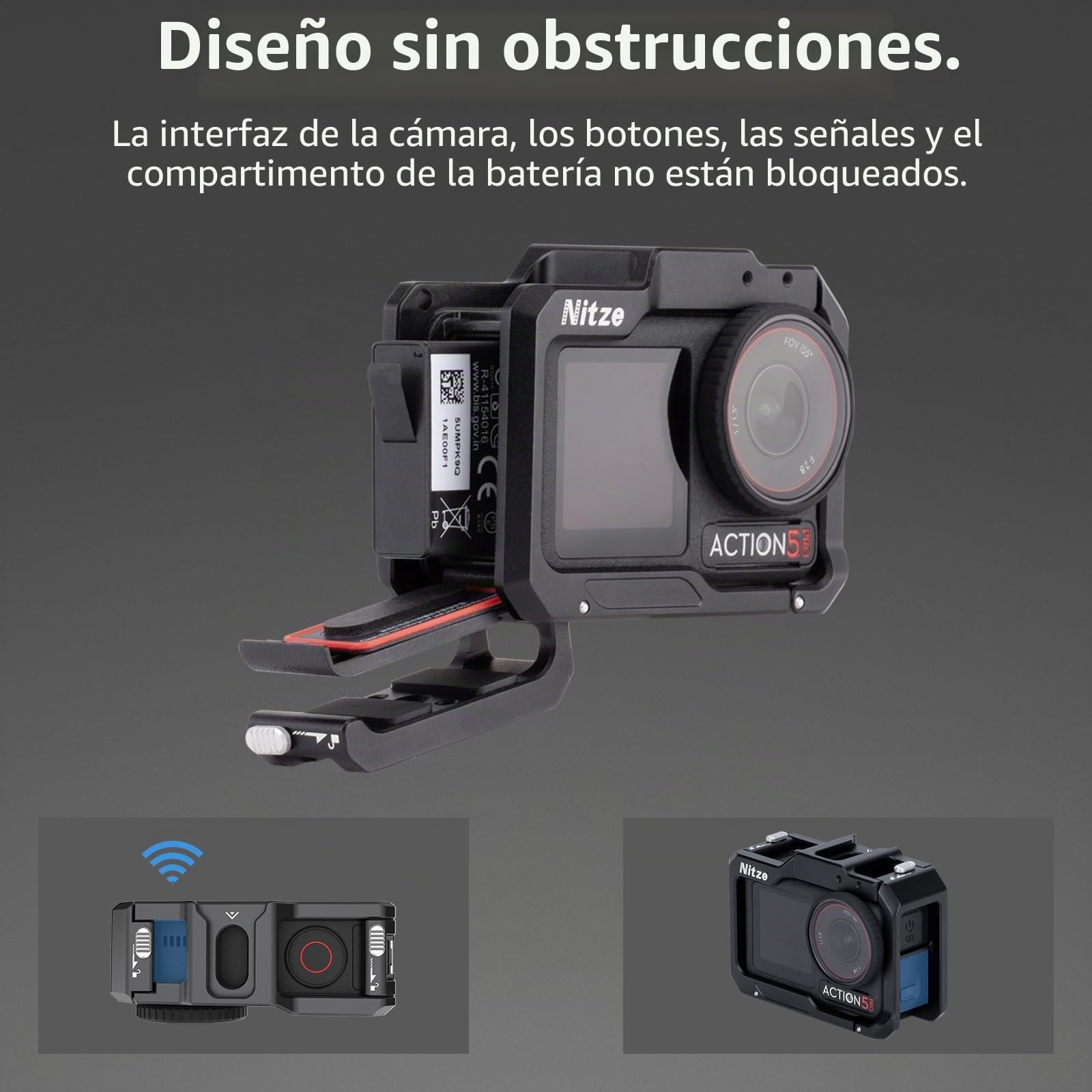 Nitze Jaula para DJI Osmo Action 5 Pro, Action 4, Action 3, jaula de metal de aluminio con interfaz magnética, orificio de rosca de 1/4", zapata fría para micrófono o luz LED de vídeo - T-D03A