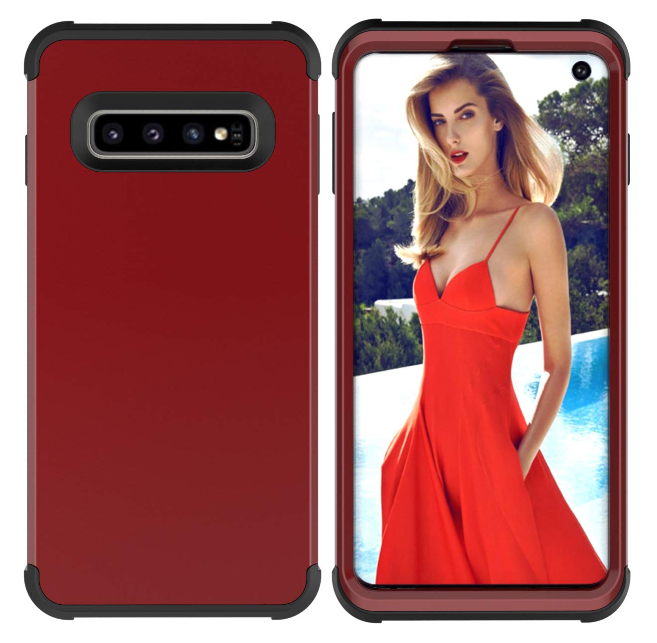 JUNJIU S10 Case,3 in 1 Heavy Duty Protection Full Body Shockproof Slim Fit Case Cover for Samsung Galaxy S10 6.1 inch (2019) Red+Black
