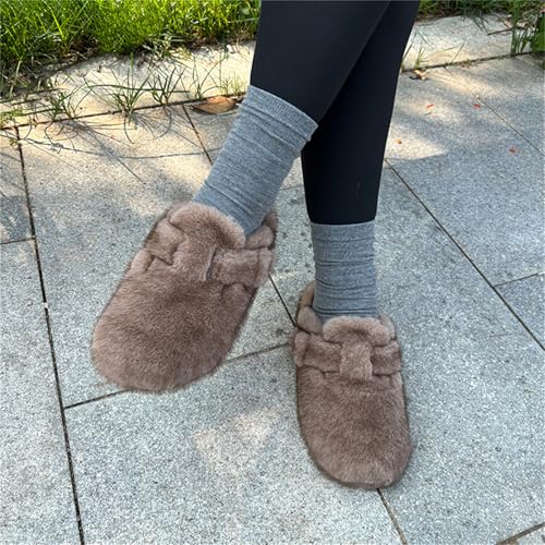 Womens Winter Slippers Sandals Plush Faux Fur Fluffy Flats Slippers Warm Slide Shoes Beige4