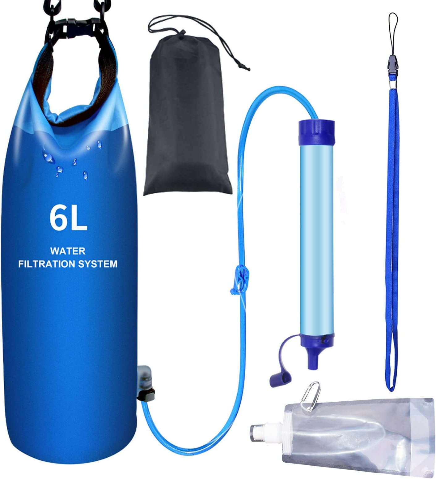 JUSTMYSPORT Gravity Water Filter, 6L, Portable Water Purifier Survival with Adjustable Tree Strap, Survival Water Bag, Group Personal Water Filter for Travel Camping Hiking Emergency Preparedness