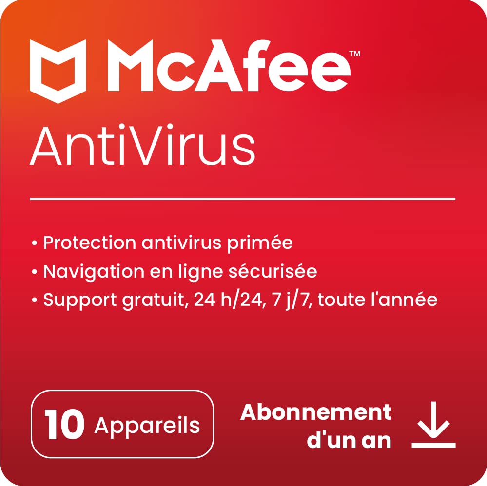 McAfee AntiVirus Plus 2023 | 10 appareils | Antivirus, sécurité Internet et protection | PC/Mac/Android/iOS | Abonnement d'un an | Code d'activation par email