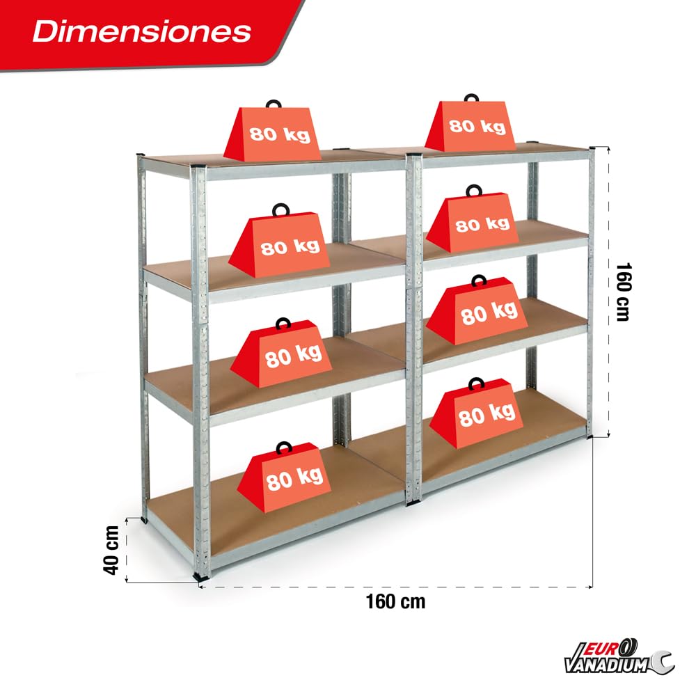 Doble Estantería de almacenamiento Cargas Pesadas - 160 x 160 cm - 640 kg - Estantería de garaje modulable, 4 Niveles, 8 Estantes