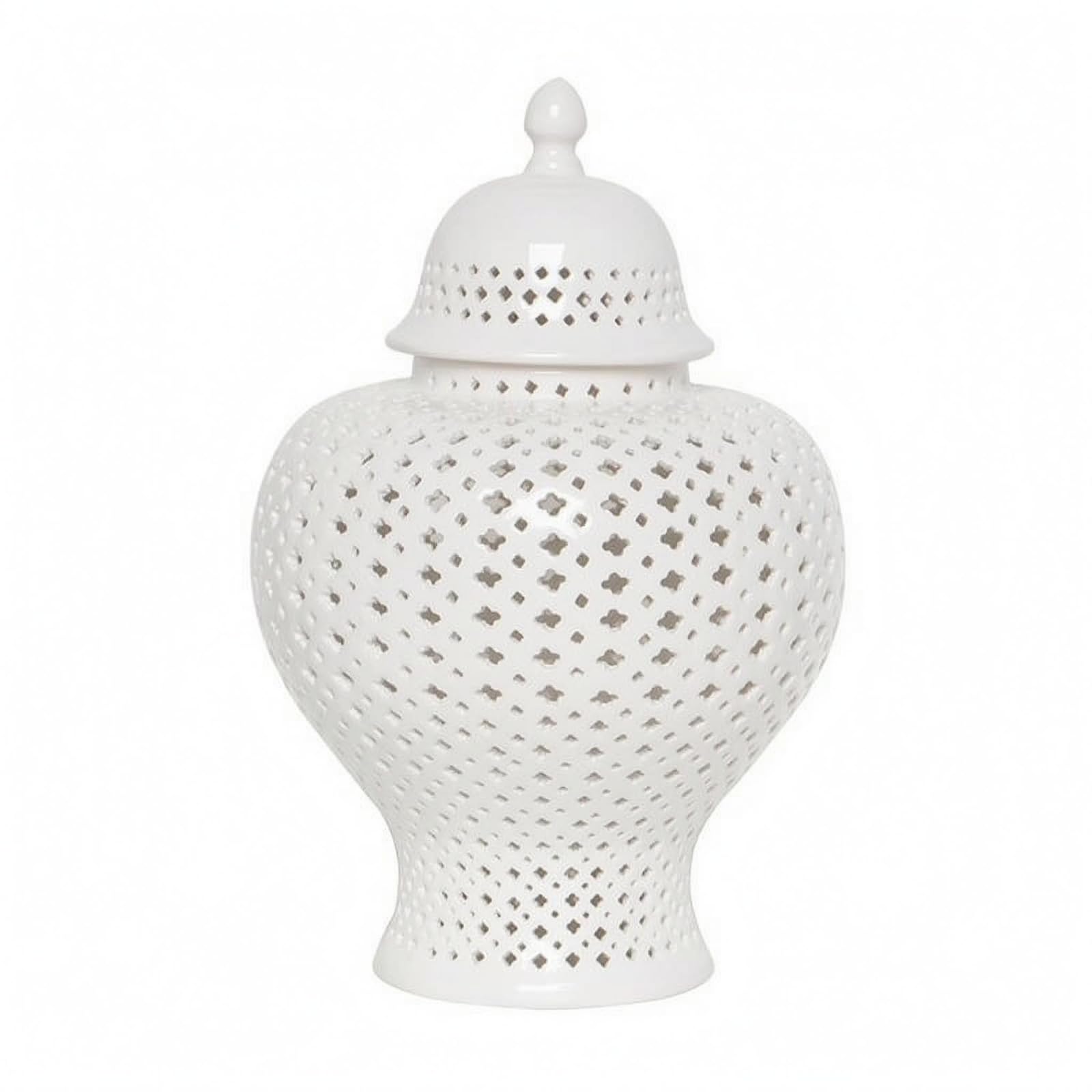 Jarrón Decorativo Cerámico Jarrón Bote Florero Diseño Clásico con Tapa Ceñida y Detalle en Cuerpo y Tapa Superficie Esmaltada Refinada para Brillo, Blanco, Blanco, Grande