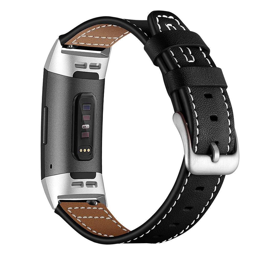 AISPORTS Compatible for Fitbit Charge 3 Strap/Fitbit Charge 4 Strap for Women Men, Soft Breathable Leather Sport Wristband Metal Buckle Bracelet Replacement Strap for Fitbit Charge 3/4 Fitness Tracker