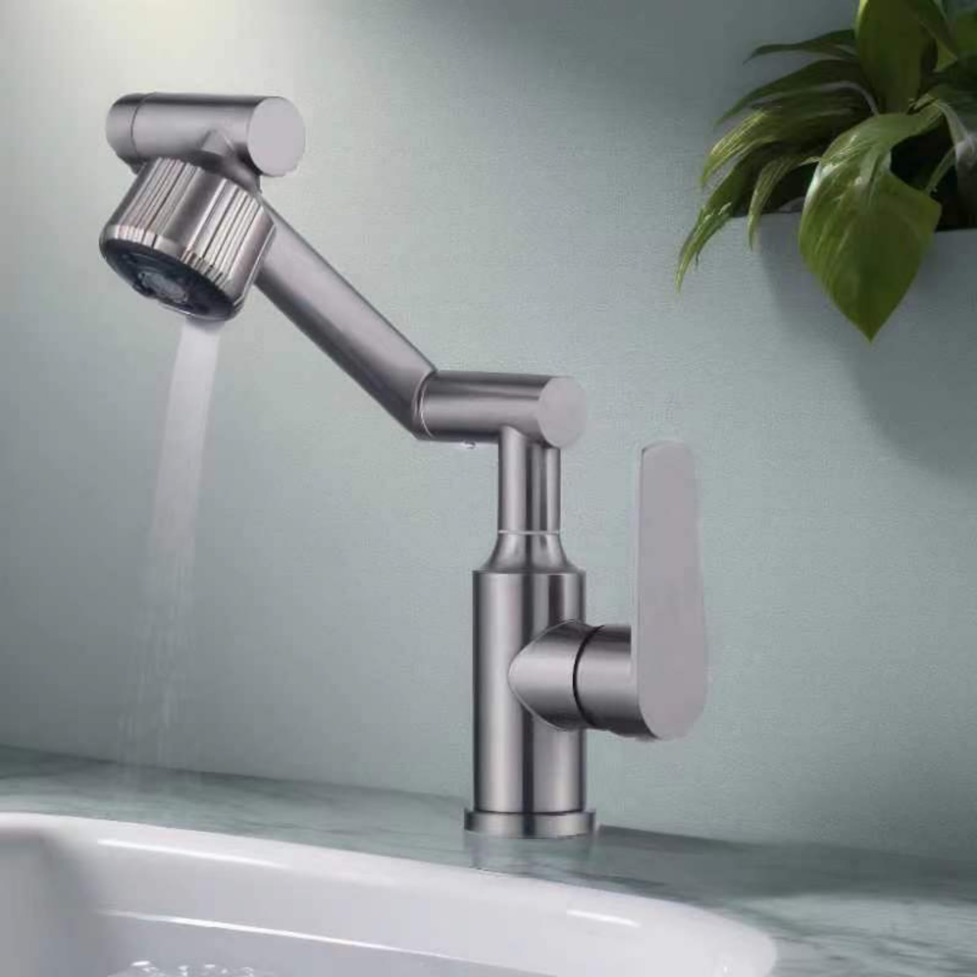 027 Rubinetto girevole per lavabo, monocomando, placcatura in acqua spazzolata, acciaio inossidabile, tonalità grigio, lunghezza tubo di ingresso/uscita 70 cm