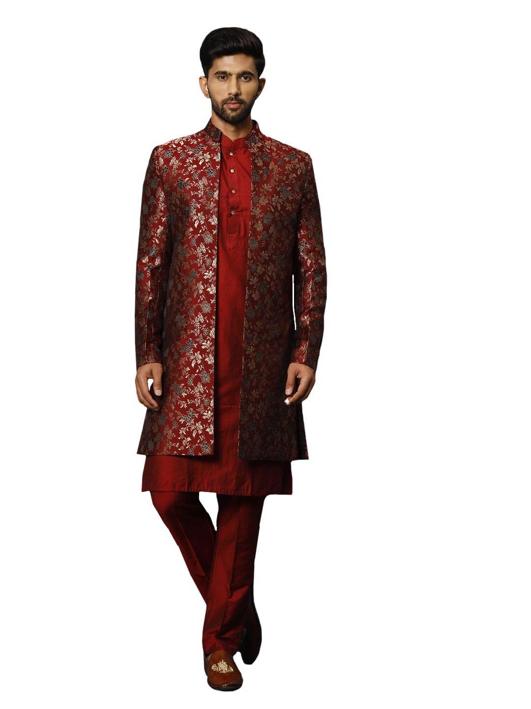 vastramay Rayon Men's Red Viscose Sherwani Set-picture-29