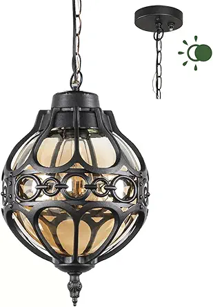 Dusk to Dawn Outdoor Pendant Lighting for Porch, Black Aluminum Anti-Rust Hanging Lights Fixture, Adjustable Globe Outside Lantern Ceiling Mount, Industrial Exterior Chandelier, Amber Glass