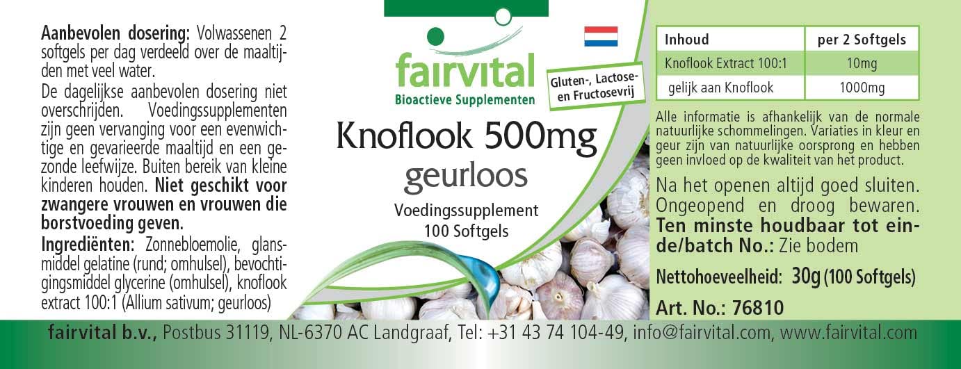 fairvital Capsule di aglio 500 mg, 100 softgel, facili da deglutire, contengono alliicina, estratto di aglio 100:1, ALTO DOSAGGIO e inodori