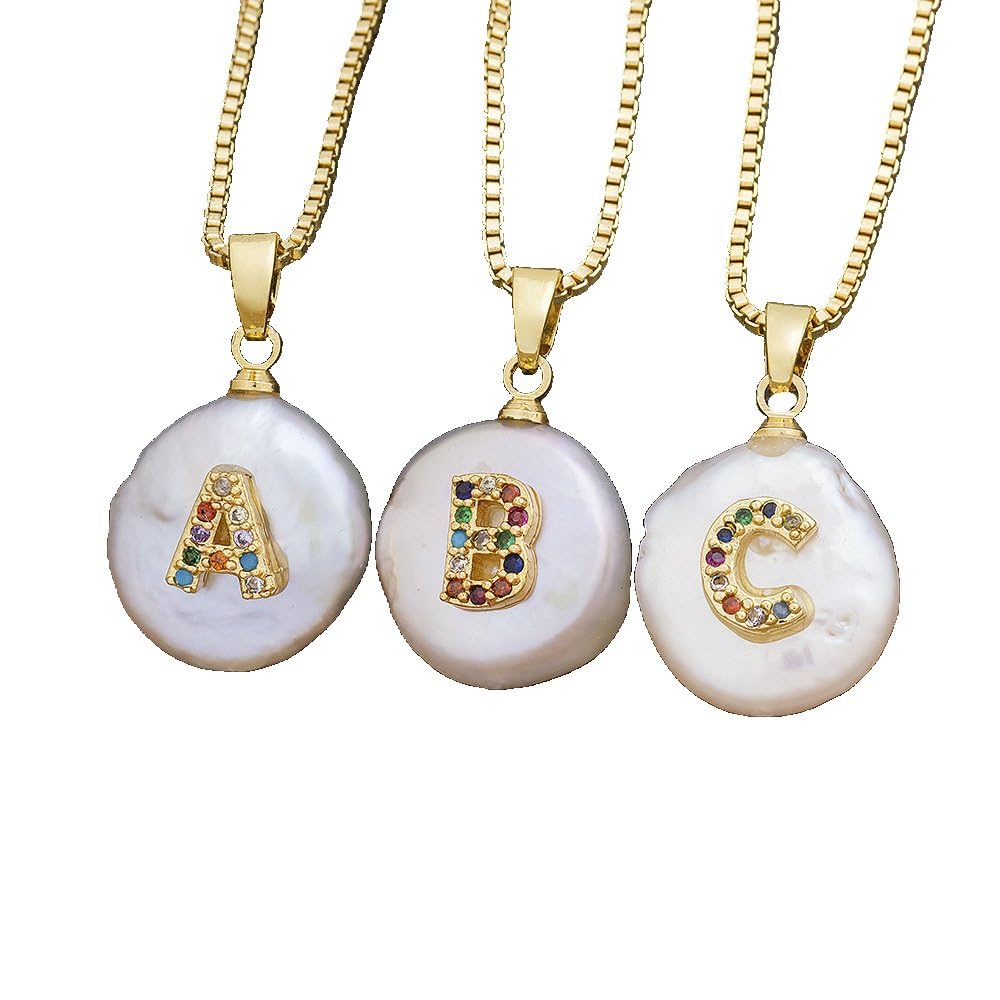 Collares for mujer, collar con inicial, collar con letras de perlas, colgante de perlas naturales de estilo barroco con letras de diamantes de imitación de colores, elegante collar de joyería de perla