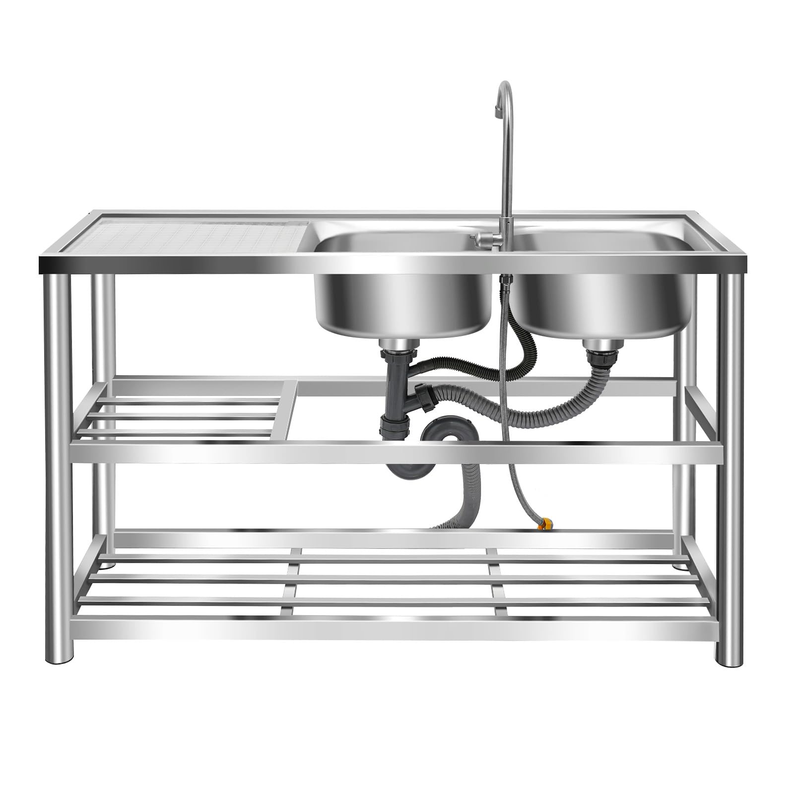 Fregadero independiente de acero inoxidable con gabinete inferior, fregadero de doble seno con grifo de 360° ajustable en ángulo, fregadero comercial, 2 senos, 120x45x80cm, para cocina, camping