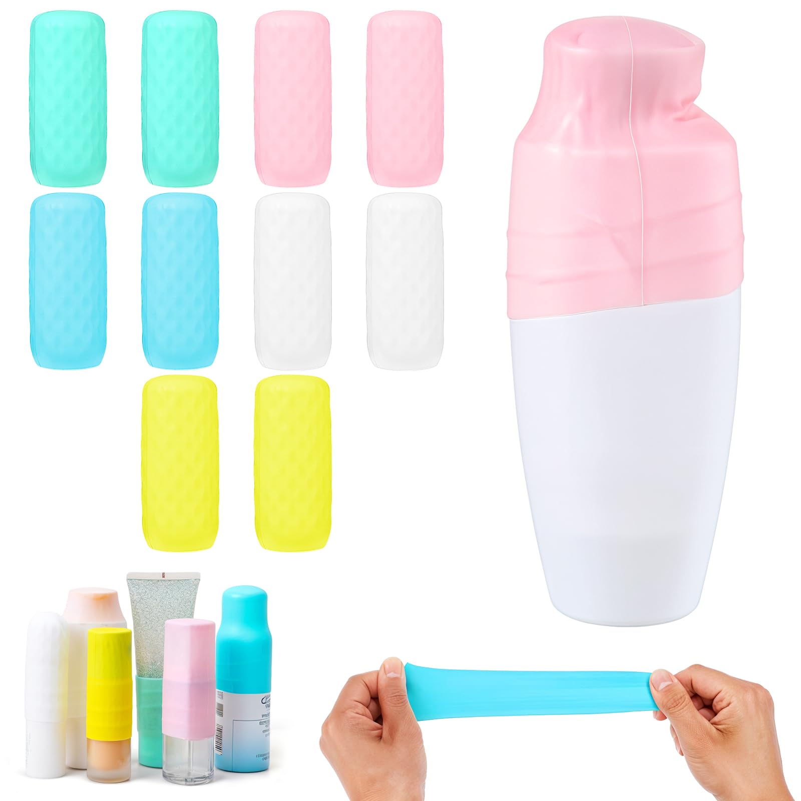 Tyqour 10 Pack Elastic Sleeves for Leak Proofing Silicone Bottle Covers Travel Essentials, Fits Various Travel Size Bottles