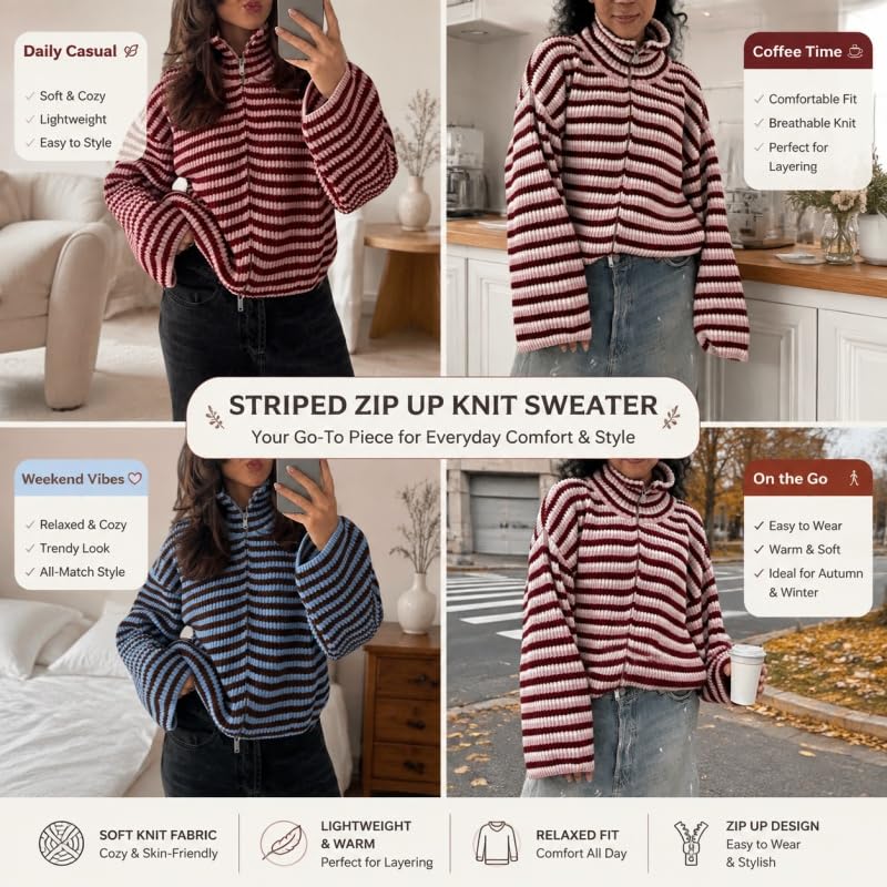 Gilet Cardigan Rayé Zippé pour Femme en Maille Douce À Manches Longues Style Pull Oversize Décontracté Léger Et Confortable Idéal pour L'Oktoberfest Le Bureau Les Voyages Et Le Quotidien en A