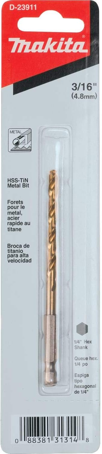 Makita D-23911 3/16" Titanium Coated Drill Bit, 1/4" Hex Shank