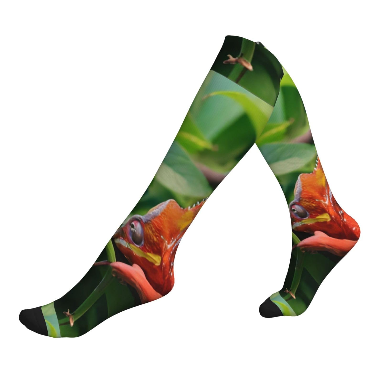 QAZWZML Cute Chameleon patterned elastic calf 1 Black compression socks for climbing, hiking and biking