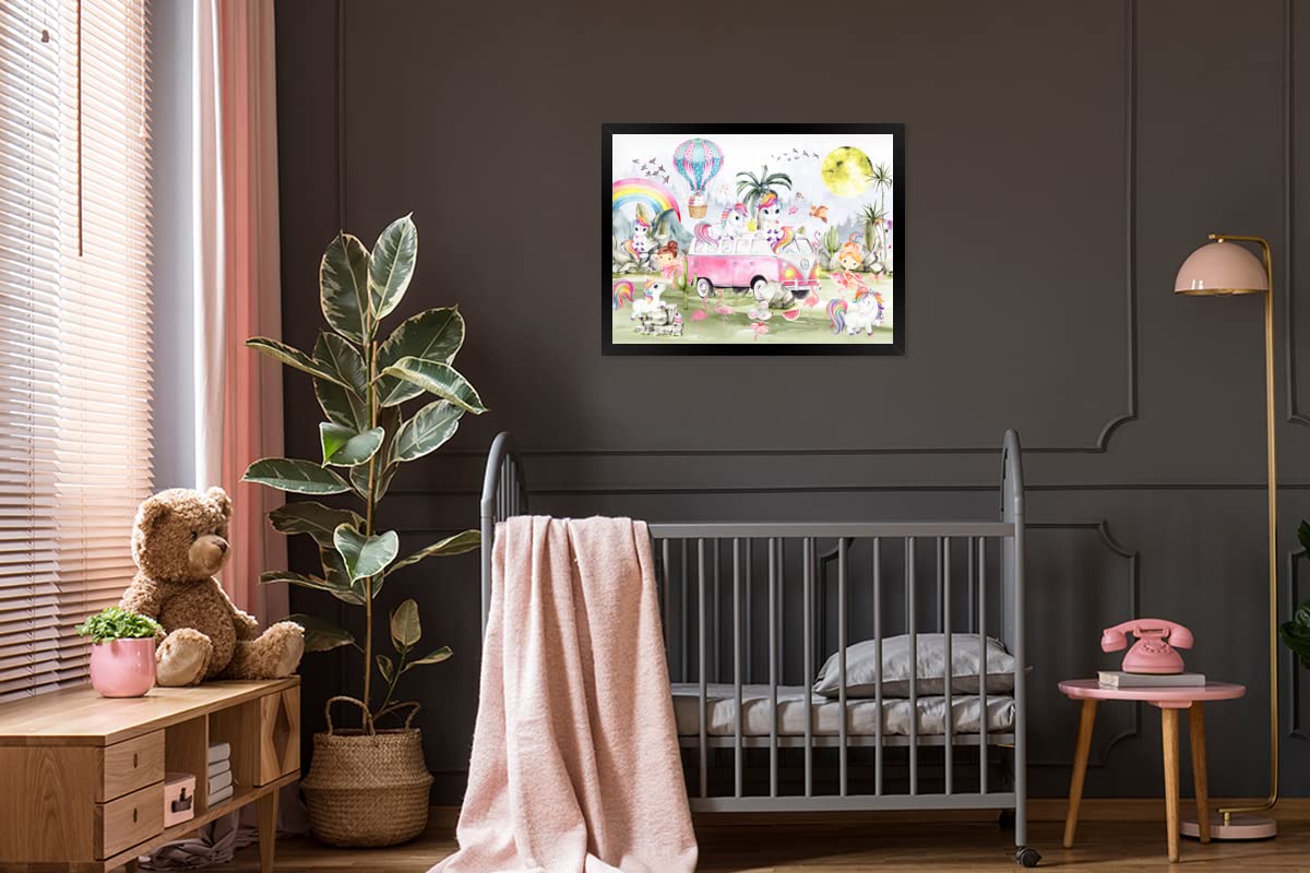 Poster Bilder Wanddeko Deko Wohnzimmer 80x60 cm Einhorn - Regenbogen - Kinder - Mädchen - Auto