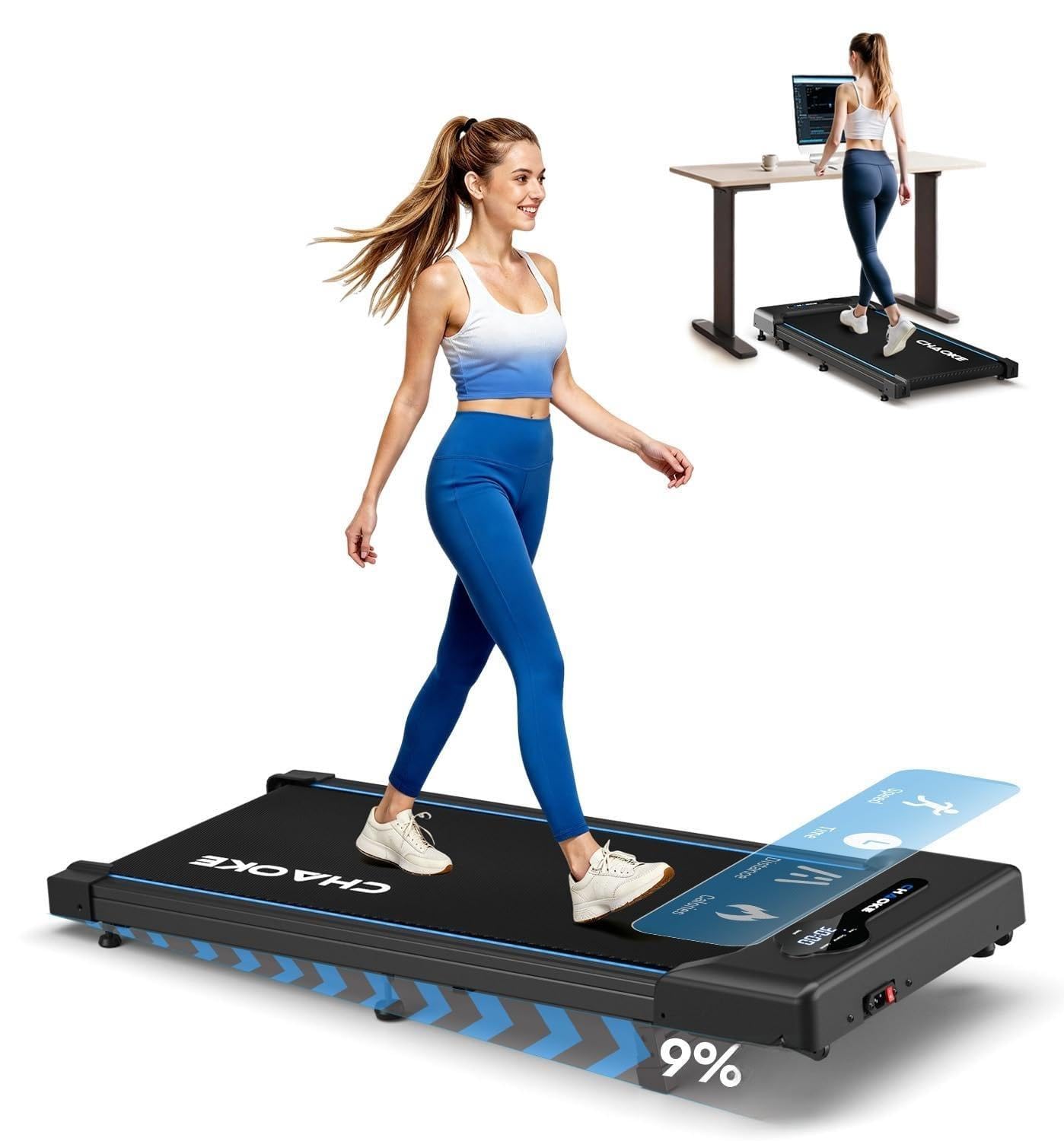 CHAOKE Walking Pad Treadmill with 9% Incline, 8KM/H Under Desk Treadmill for Home Office 2.75HP Quiet Motor Running Machines Max 150kg Capacity with 12 HIIT Programs and Remote Control