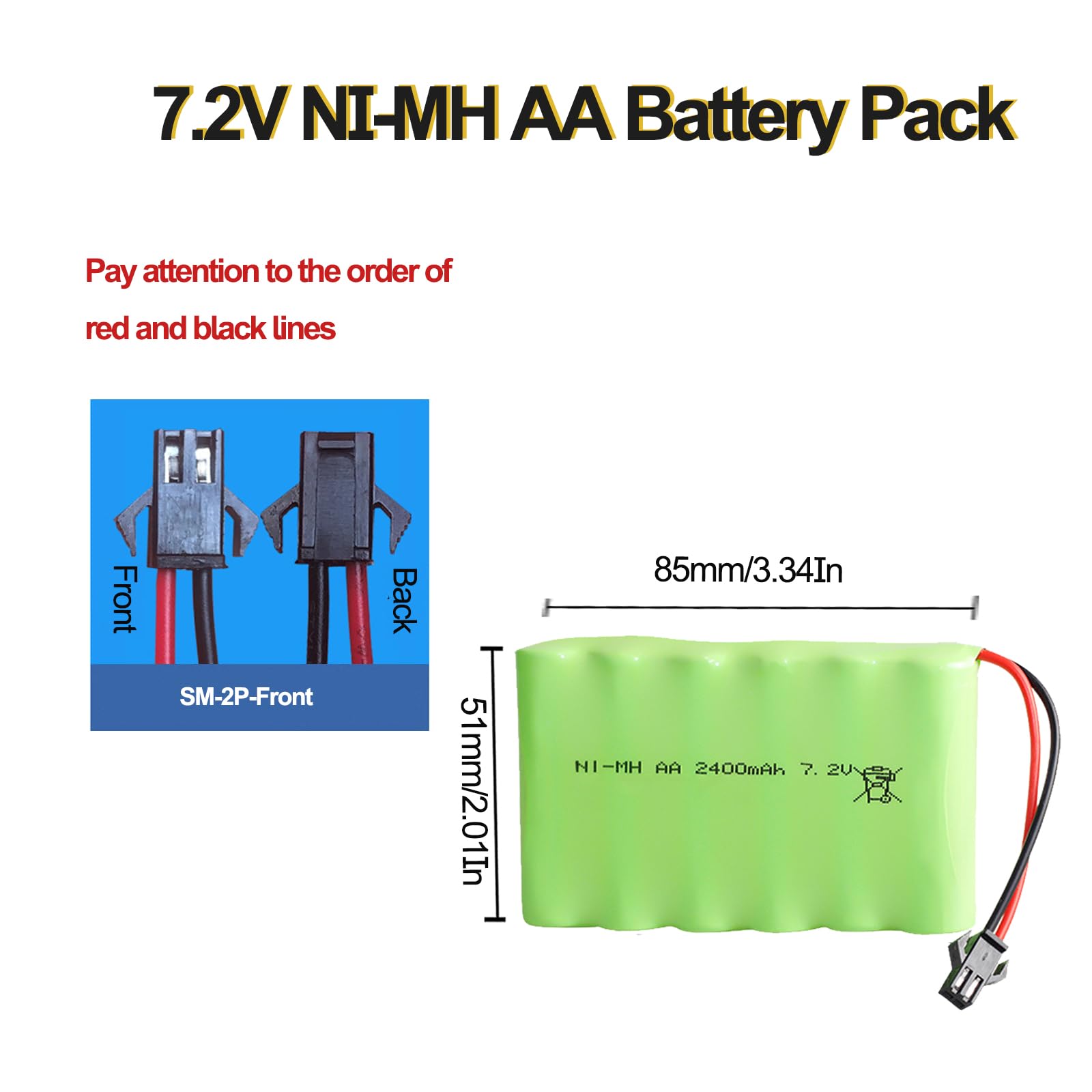 3Pcs Batería Recargable de Repuesto RC NI-MH AA de 7.2V 2400mAh con Cable Cargador USB SM-2P para Juguetes, Drones, Accesorios de Coche con Control Remoto
