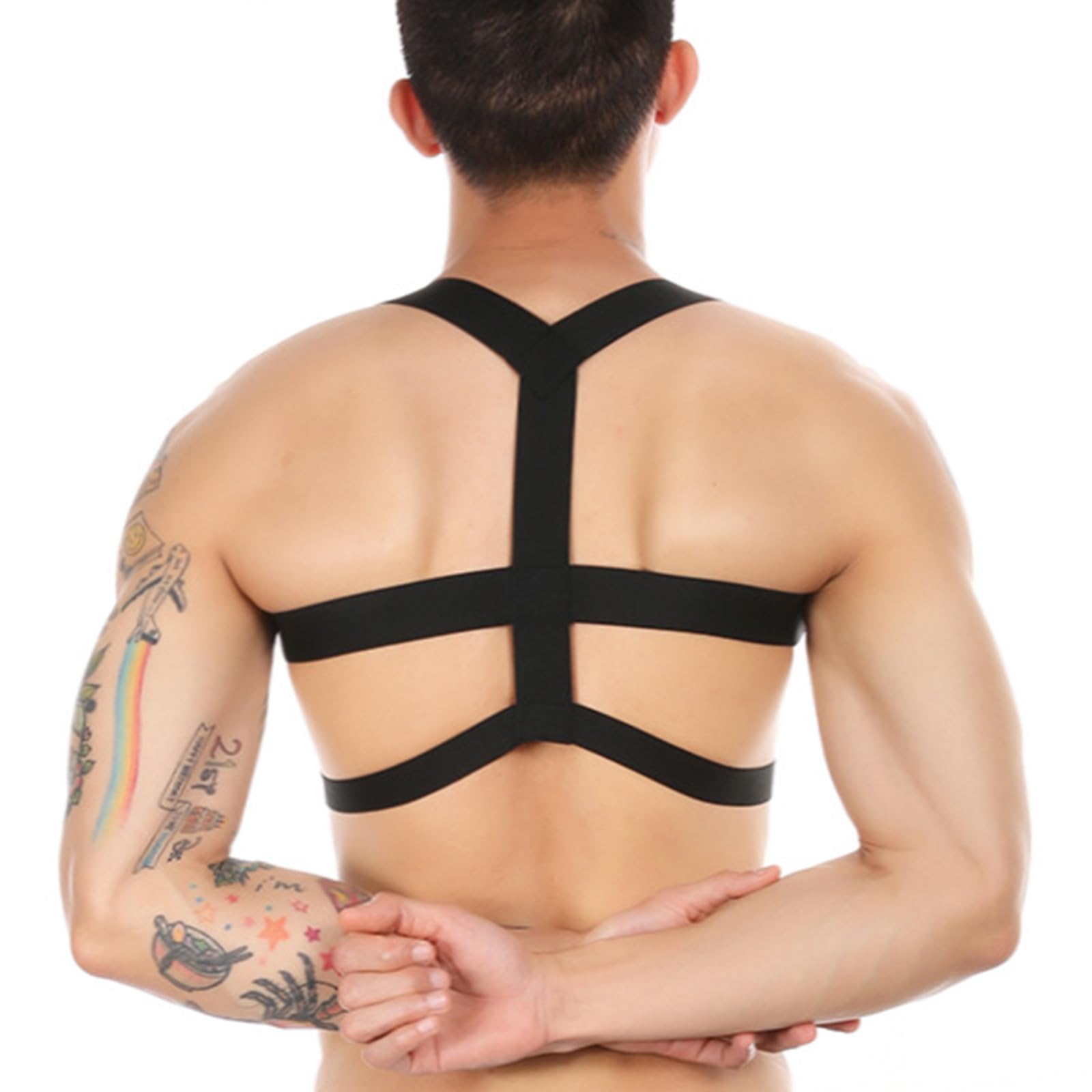 Uomo Imbracatura Cintura Nylon Elastico Corpo Petto Tracolla Sexy Halter Cosplay Club Wear (H-Nero)