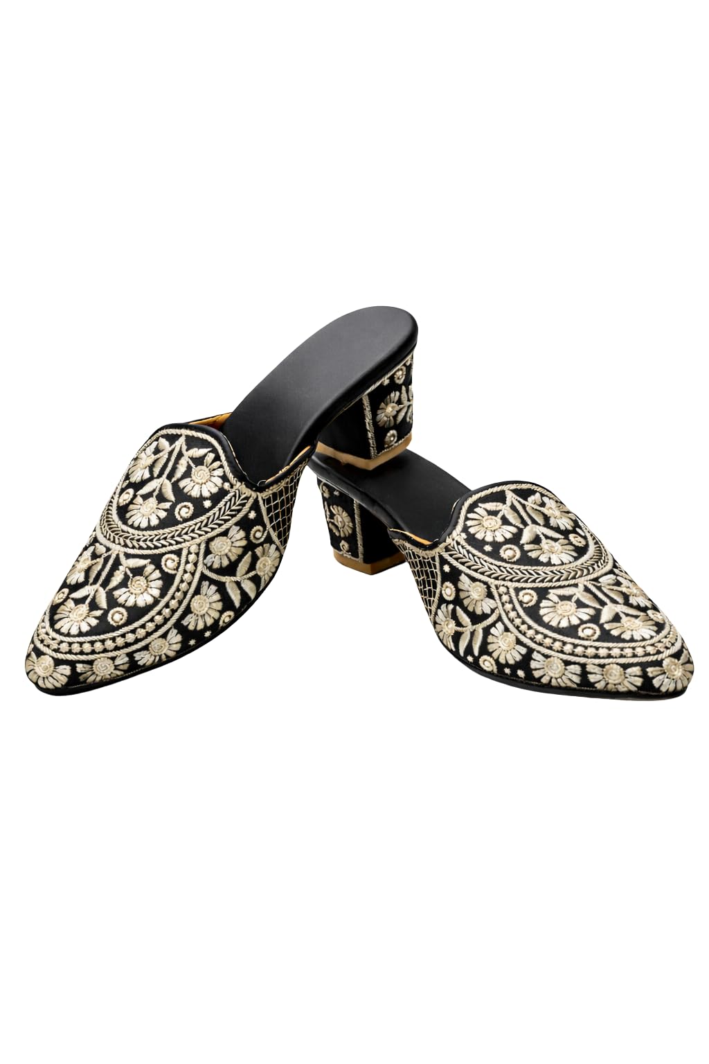 Women’s Black Hand Embroidered Mule Heels | Ethnic Jutti Style Block Heel Slip-On with Floral Thread Work for Wedding-image-14