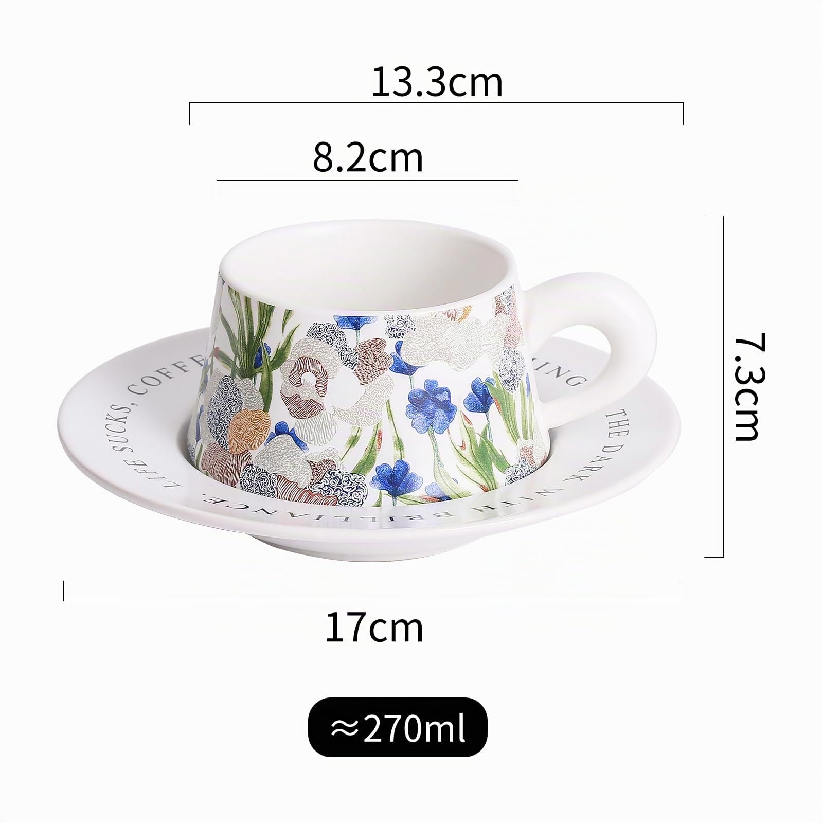 TERRATERRA Tasse à Café en Ceramique 270ml - Lot de 2 - Avec Soucoupe - Coffret Cadeau - Tasse à Thé - Tasse à Latte - Cadeau de Nouvel An