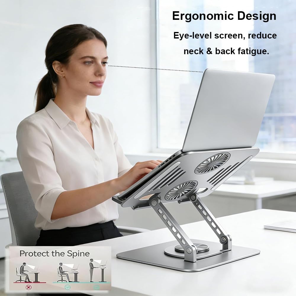 Podstawka Pod Laptopa Z Wentylatorem Chłodzącym,Podstawka Chłodząca Pod Laptopa,Obrotowa Podstawa 360°,Metalowy Wspornik Z Podwójnym Słupkiem,Nośność 10Kg,Do 17,3 Cala,Do Biura I Domu A