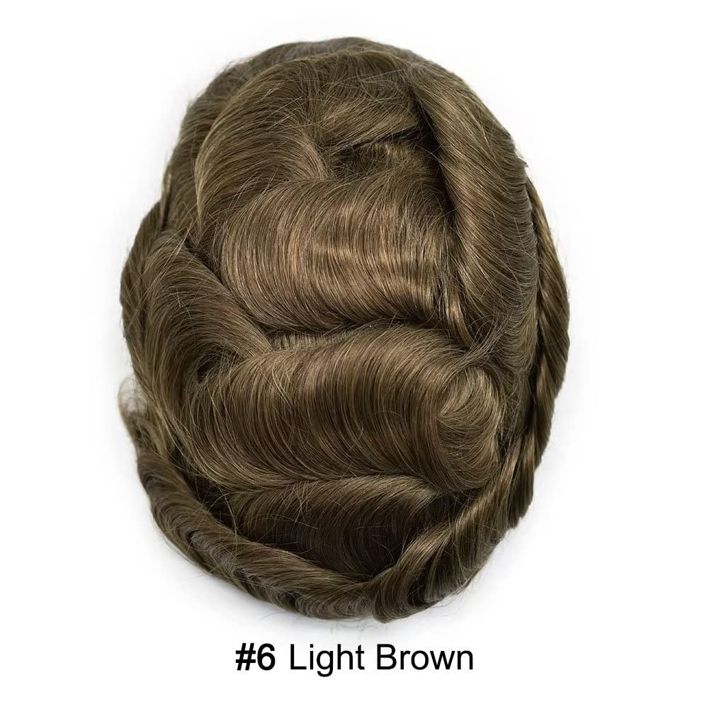 Super Thin Skin Toupee for Men Hair Systems V-looped Knotless Mens Toupee Soft Human Hairpiece 0.04mm PU Men Hair Piece Light Density Hair System 8X10"-100% density#6 Light Brown