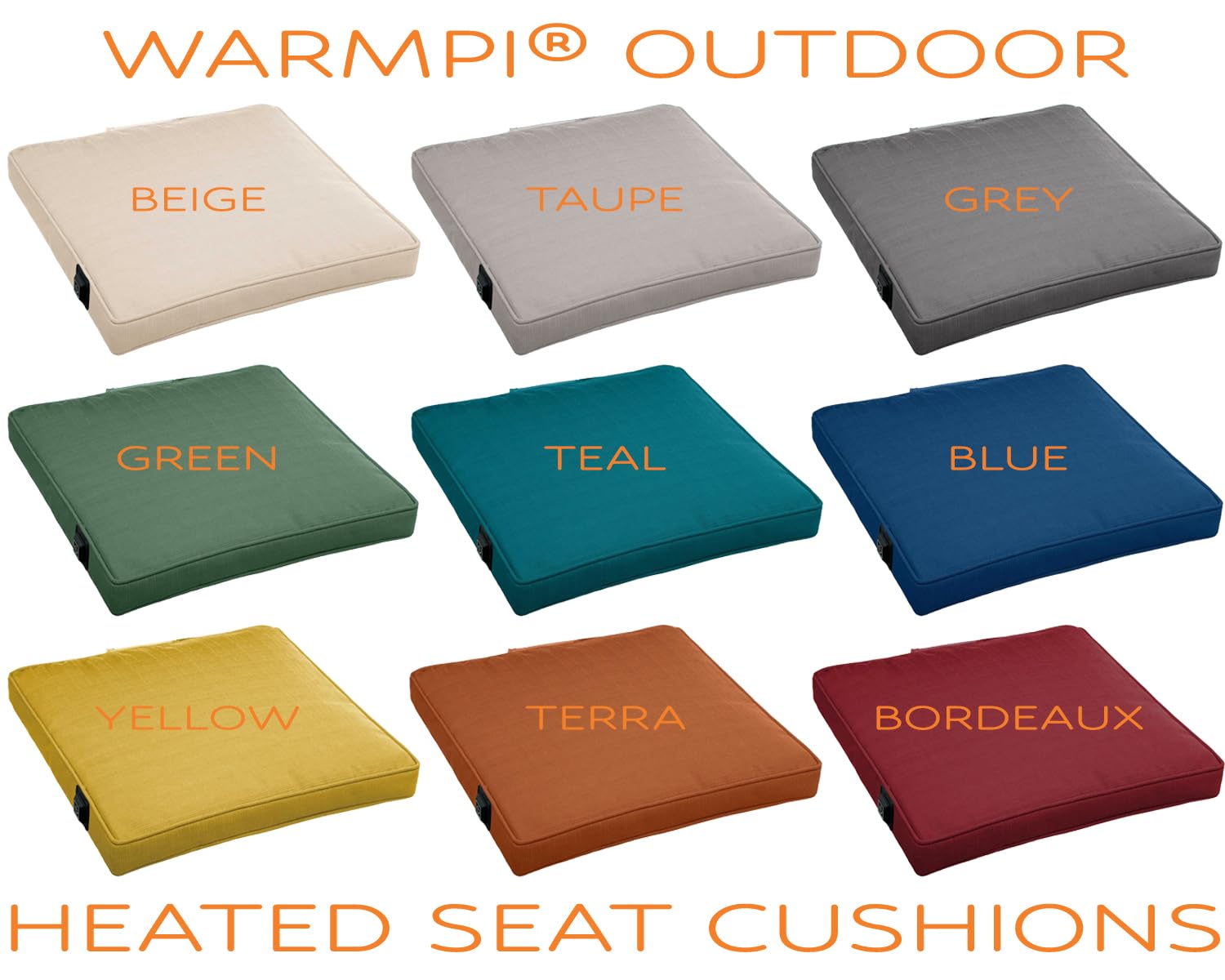 Cojín de asiento con calefacción al aire libre, incluido Warmpi® Powerbank (10.000mah) - Azul Mar - Resistente al agua y a los rayos UV - 3 niveles de calor - Comfort Foam - Interior y