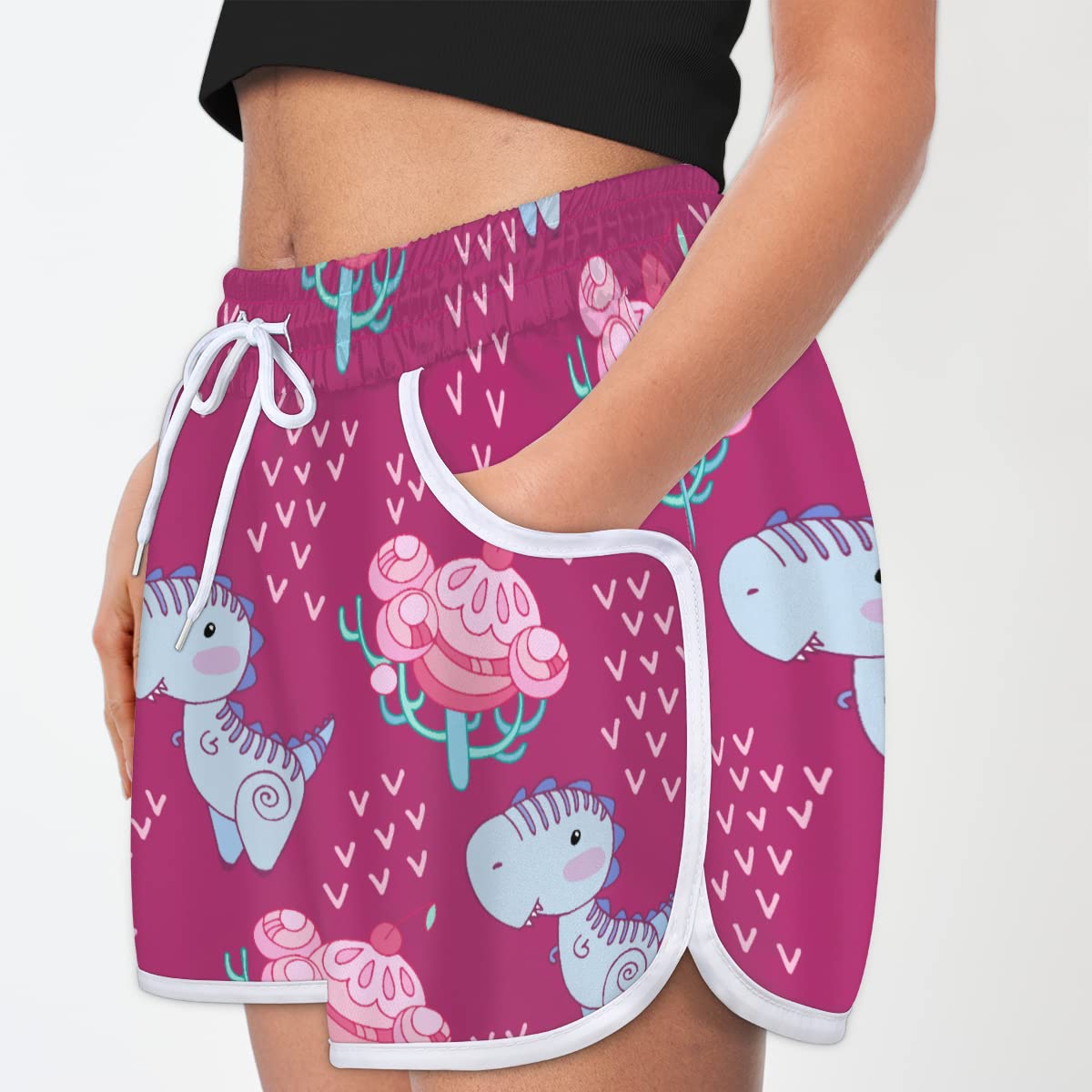 Cute Dinosaur Pattern Women's Elastic Drawstring Running Shorts with Pocketed Pants Waisted Athletic Gym Workout Shorts.