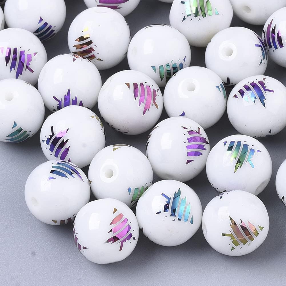 200pcs 10mm White Ball Glass Beads Round with Colorful Electroplate Christmas Tree Pattern Glass Beads Loose Spacer Beads for Jewelry Making Christmas Tree Ornament Hole: 1.2mm