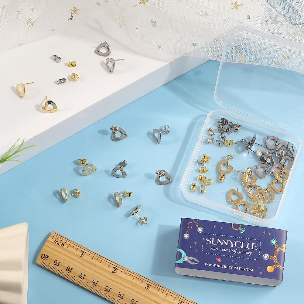 SUNNYCLUE 1 Box 40Pcs Real 24K Gold Plated Heart Earring Findings Earring Post with Hole Heart Earrings Post Earring Studs Bulk Earring Post for Jewellery Making Accessories DIY Dangle Earrings Craft - Image 3