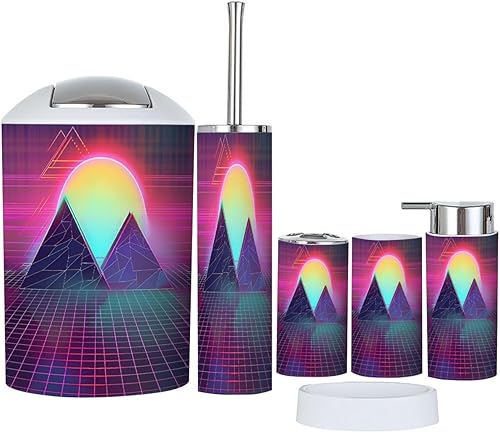 Juego de accesorios de baño, 6 piezas estilo vintage Synthwave soporte para cepillos de dientes de bajo sol, taza para cepillos de dientes,