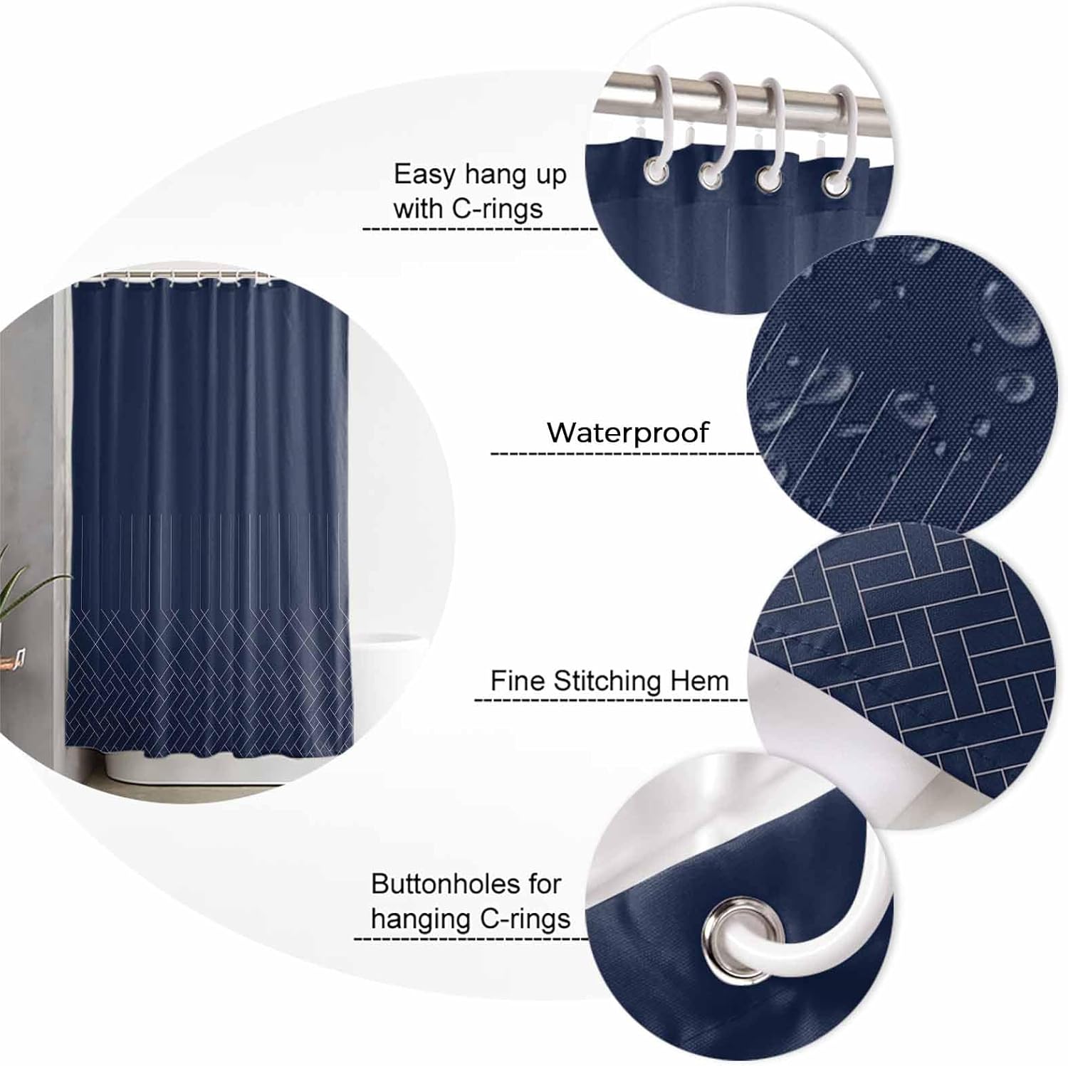 Navy Blue Shower Curtain Set with Hook 66" x 72",Washable Cloth Polyester Fabric Shower+Curtain,Abstract Minimalistic Geometric Stripes Waterproof Bath Curtains for Bathroom,Showers,Bathtubs Decor