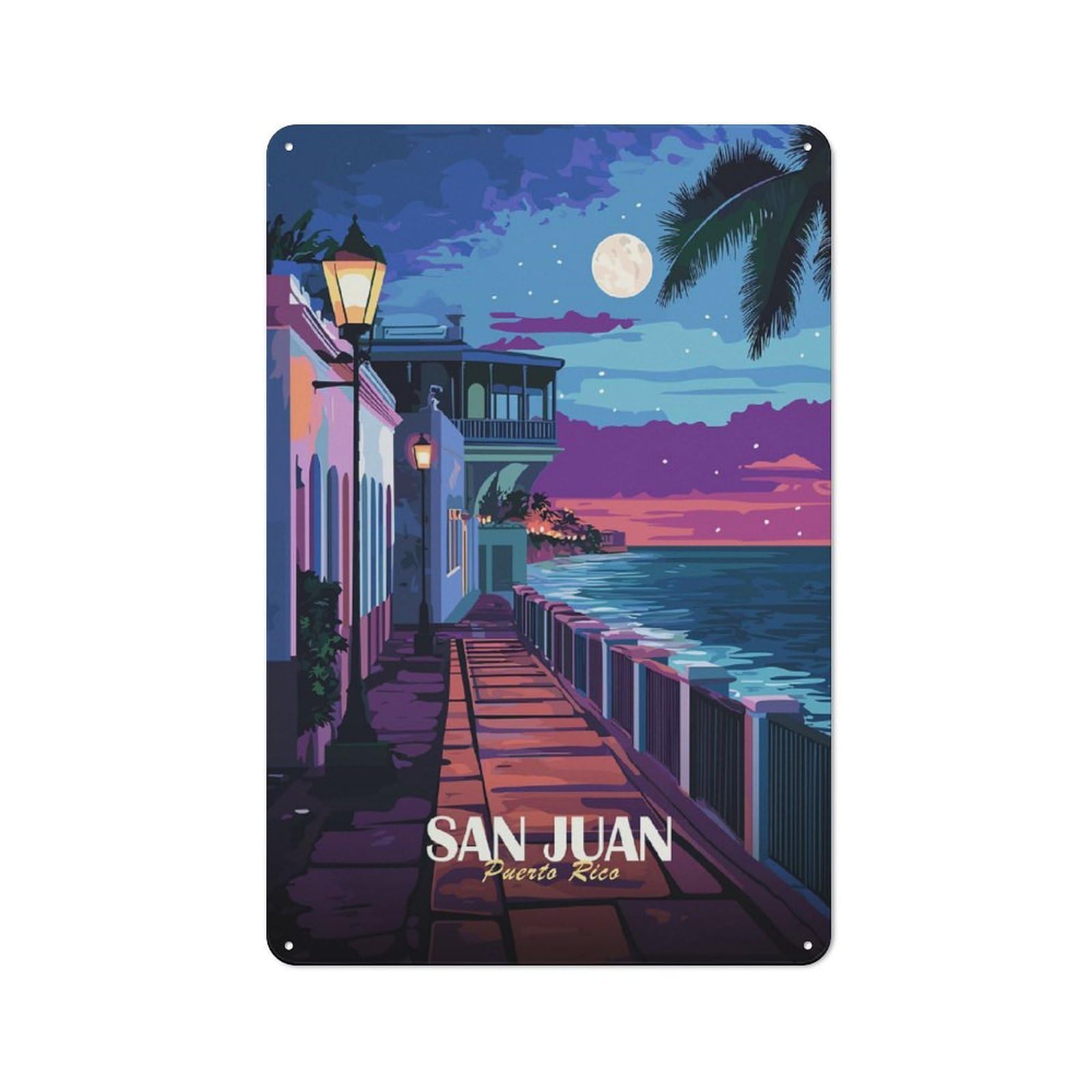 Junmoney San Juan, Puerto Rico Nightscape Vintage Metal Wall Decor 30X20cm, Decorative Metal Plaque For Coffee Bar, Small Shop Or Dining Room