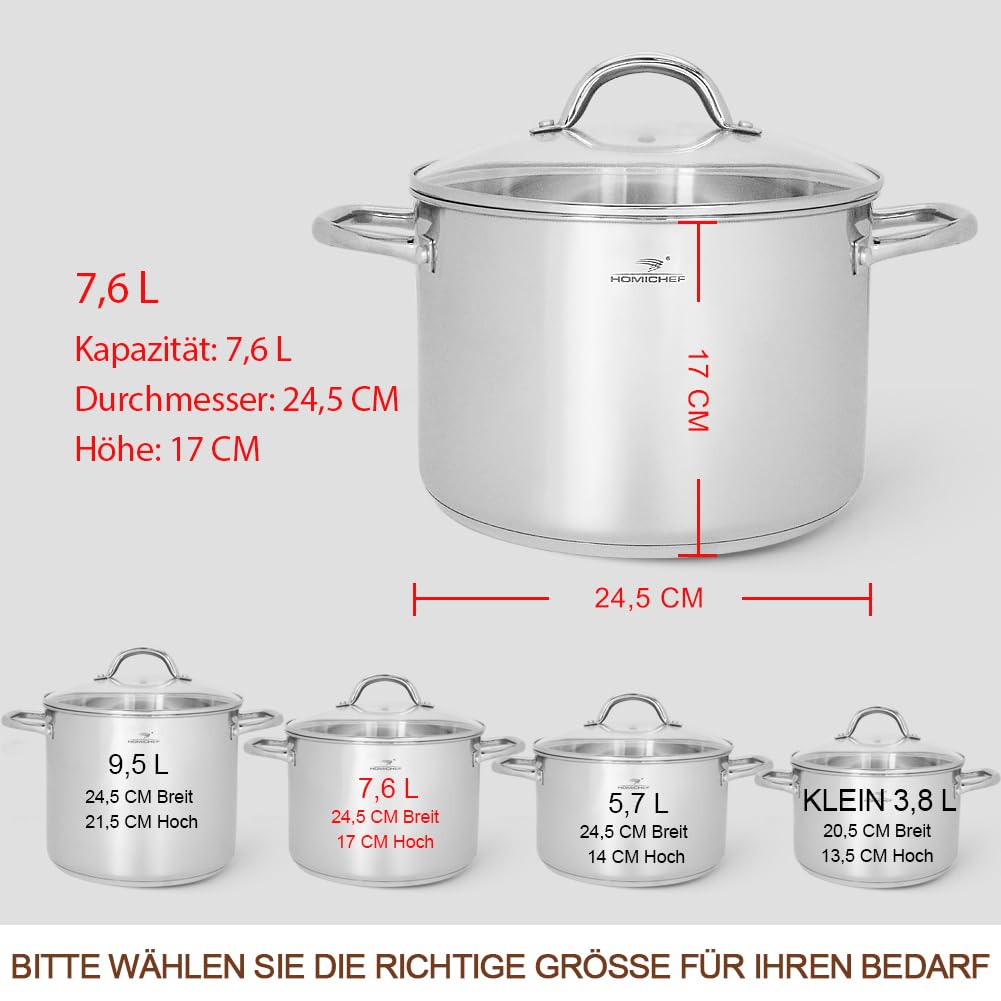 HOMICHEF Suppentopf 24,5 cm 7,6 Liter mit Deckel Nickelfreier Edelstahl - Hochglanzpolierter Suppentopf 7,6 L mit Deckel - Gesundes Kochgeschirr Topf 7,6 Liter