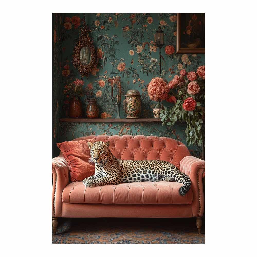 AMXBZC Affiche décorative chambre d'enfant Canapé Léopard Fleurs Moderne animaux de safari en afrique - Poster Images Murales - Décoration chambre de bébé(rouge)-80x120cm Sans cadre