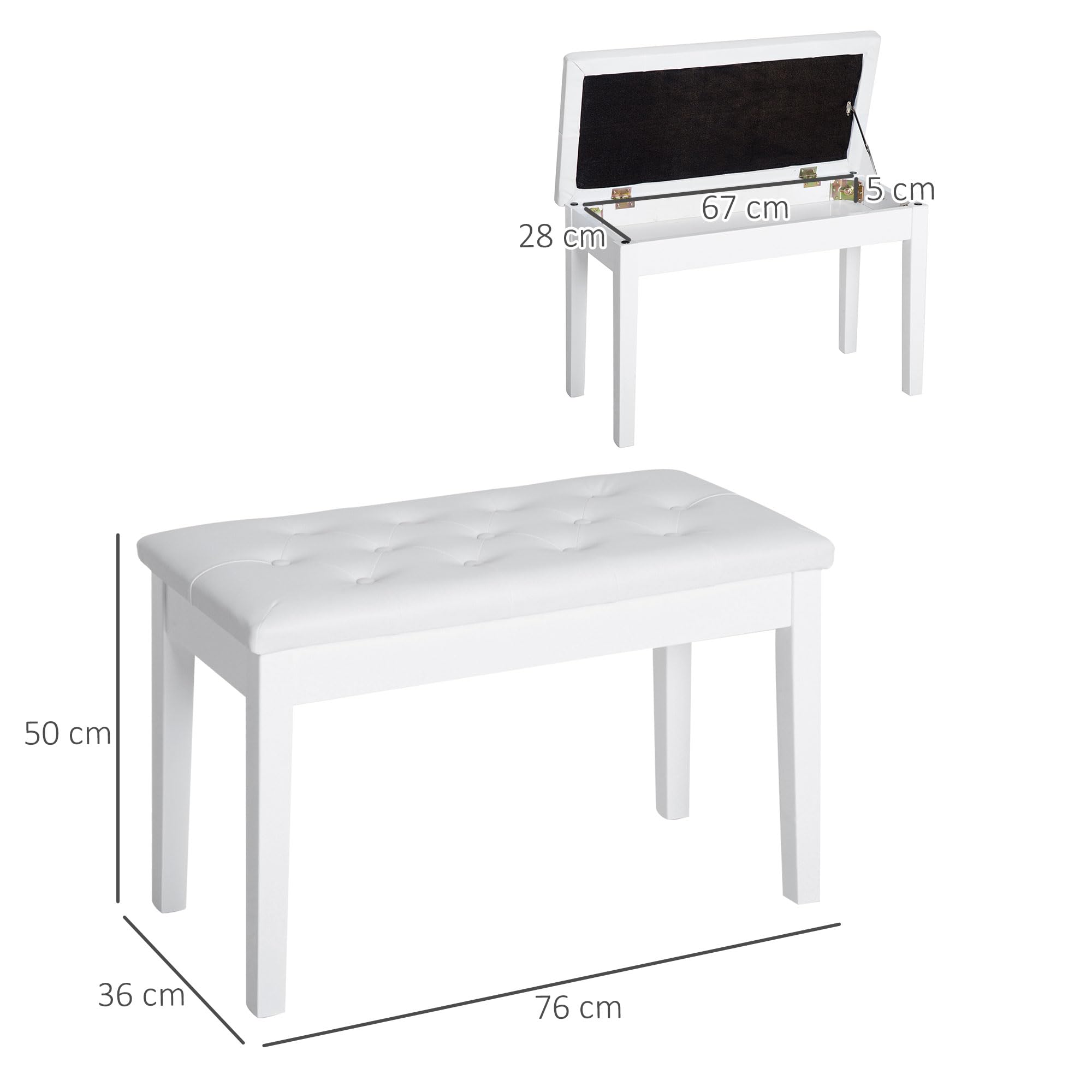 HOMCOM Sgabello Pianoforte Professionale con Vano Portaoggetti Ecopelle, Legno 76 × 36 × 50cm Bianco