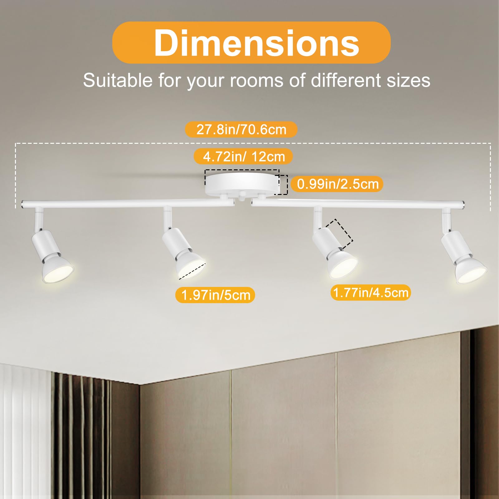 Accesorio de iluminación de riel de 4 luces, cabezales giratorios GU10, blanco mate, bombillas no incluidas, perfecto para cocina, oficina, lavandería, comedor 6