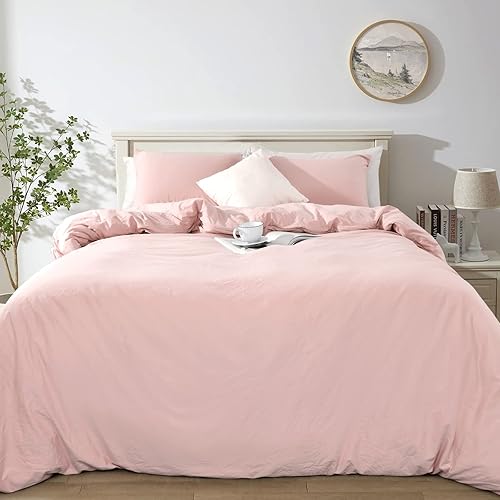 NEXHOME PRO Juego de funda de edredón de algodón de punto de jersey orgánico, tamaño Queen, color rosa claro, juego de ropa de cama de 3 piezas,