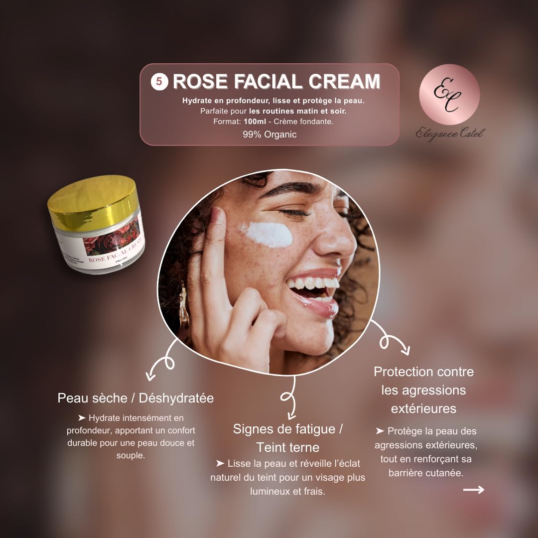 Cofanetto per la cura del viso biologico alla rosa, 6 prodotti, siero 30 ml, sapone 100 g, tonico, schiuma detergente, crema e maschera di argilla